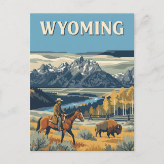Wyoming Mountain Cowboy Bison Vintage Poster Postcard