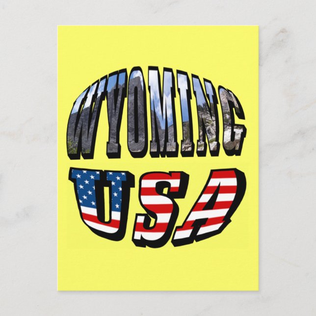 Wyoming Picture and USA Flag Text Postcard (Front)