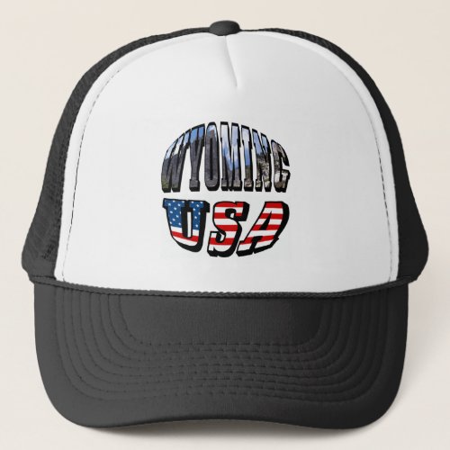 Wyoming Picture and USA Flag Text Trucker Hat