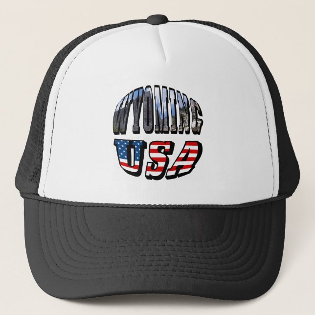 Wyoming Picture and USA Flag Text Trucker Hat (Front)