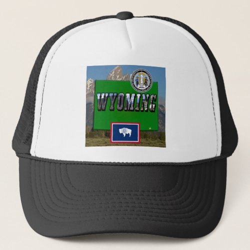 Wyoming Picture Map Flag and State Seal Trucker Hat