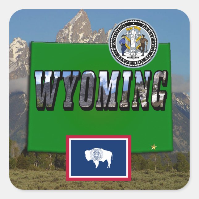Wyoming Picture & Text, Map, Flag & State Seal (Front)