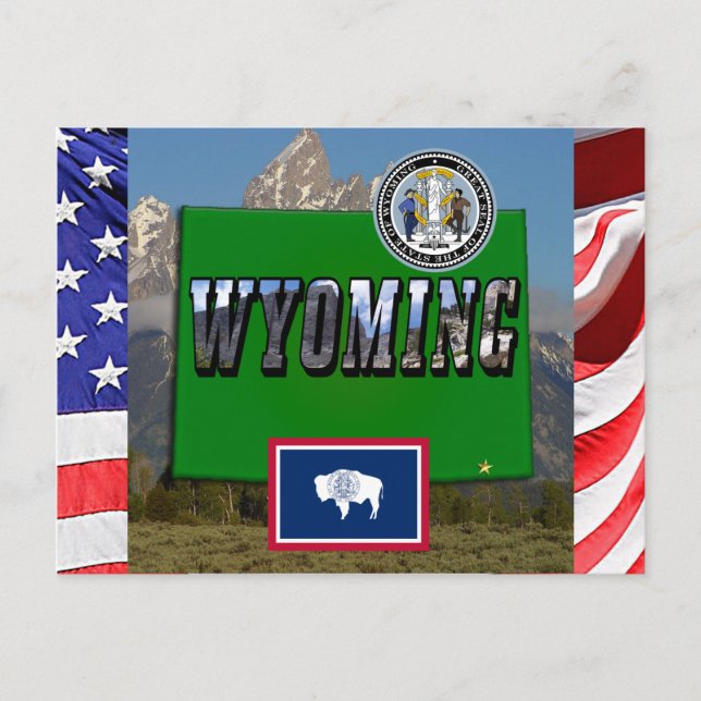 Wyoming Picture & Text, Map, Flag & State Seal Postcard (Front)