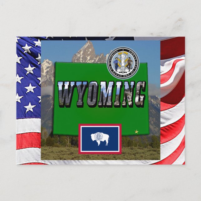 Wyoming Picture & Text, Map, Flag & State Seal Postcard (Front)
