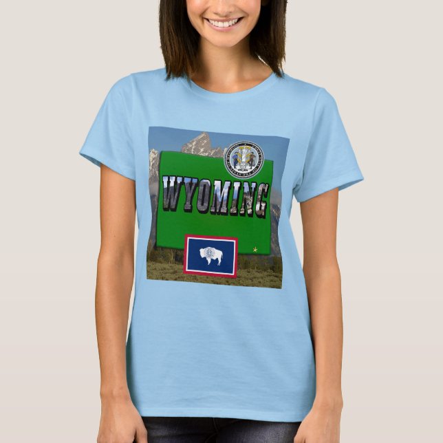 Wyoming Picture & Text, Map, Flag & State Seal T-Shirt (Front)