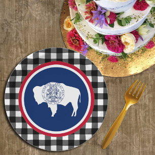 Wyoming Plate, buffalo plaid USA & Wyoming Flag Paper Plates