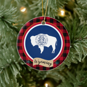 Wyoming, Red buffalo plaid & Wyoming Flag, USA Ceramic Ornament