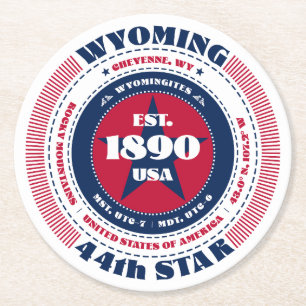 Wyoming Red White Blue Typography Round Paper Coaster