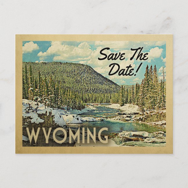 Wyoming Save The Date Postcards – Snowy Mountain Vintage Announcement