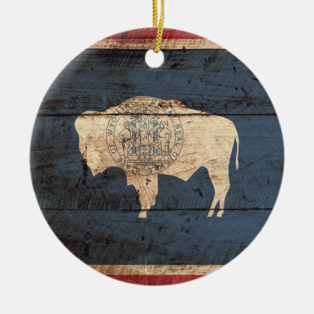 Wyoming State Flag on Old Wood Grain Ceramic Ornament (Front)