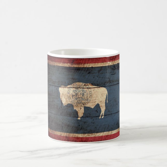 Wyoming State Flag on Old Wood Grain Coffee Mug (Center)