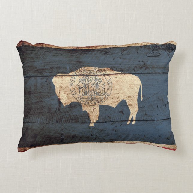 Wyoming State Flag on Old Wood Grain Decorative Pillow (Front)