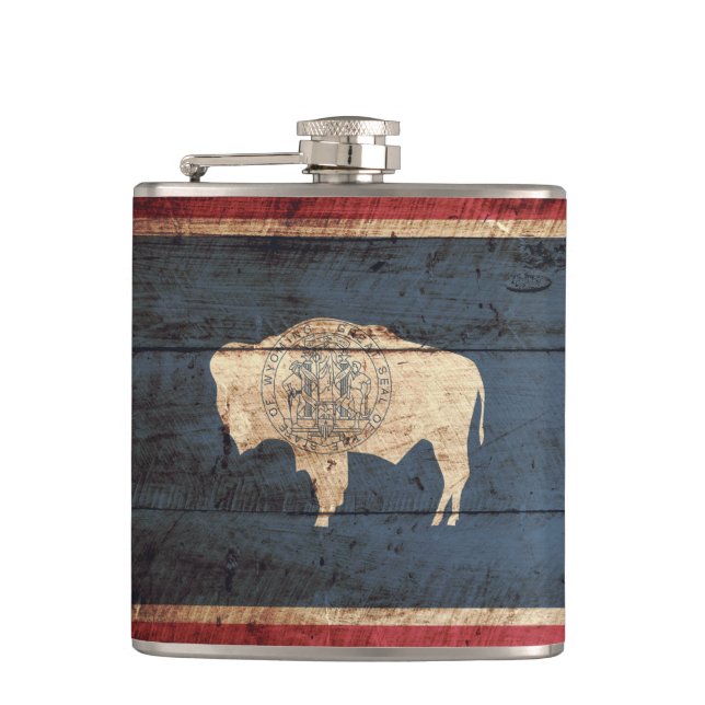 Wyoming State Flag on Old Wood Grain Flask (Front)
