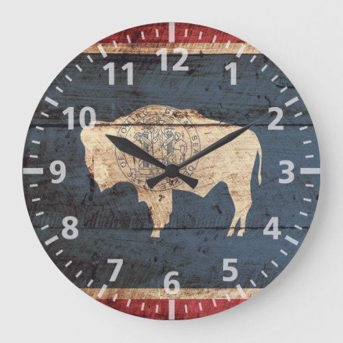 Wyoming State Flag on Old Wood Grain Large Clock