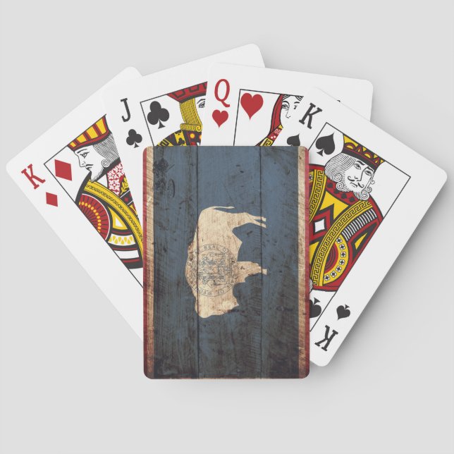 Wyoming State Flag on Old Wood Grain Poker Cards (Back)