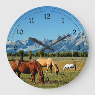 Wyoming, Teton Mountains, with Horses Grazing Large Clock