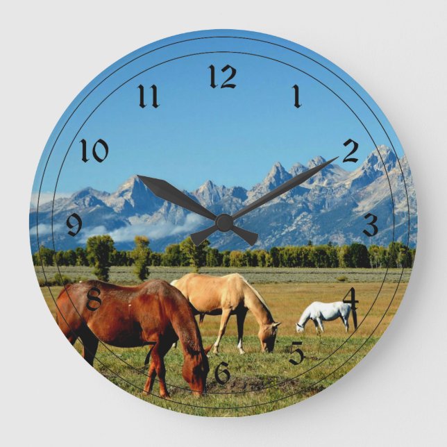 Wyoming, Teton Mountains, with Horses Grazing Large Clock (Front)