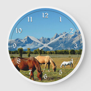 Wyoming, Teton Mountains, with Horses Grazing Large Clock