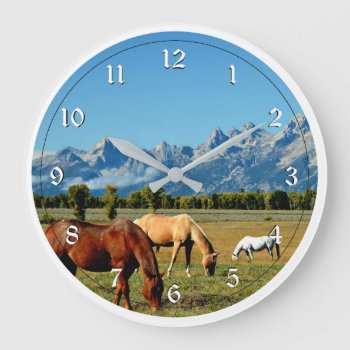 Wyoming  Teton Mountains  With Horses Grazing Large Clock by Virginia5050 at Zazzle