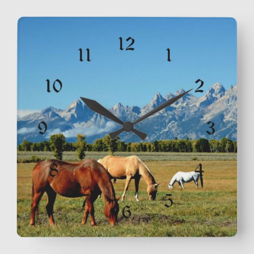 Wyoming Teton Mountains with Horses Grazing Square Wall Clock