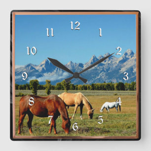 Wyoming, Teton Mountains, with Horses Grazing Square Wall Clock