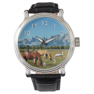 Wyoming, Teton Mountains, with Horses Grazing Watch
