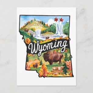 Wyoming USA State Shaped Vintage Watercolor Postcard