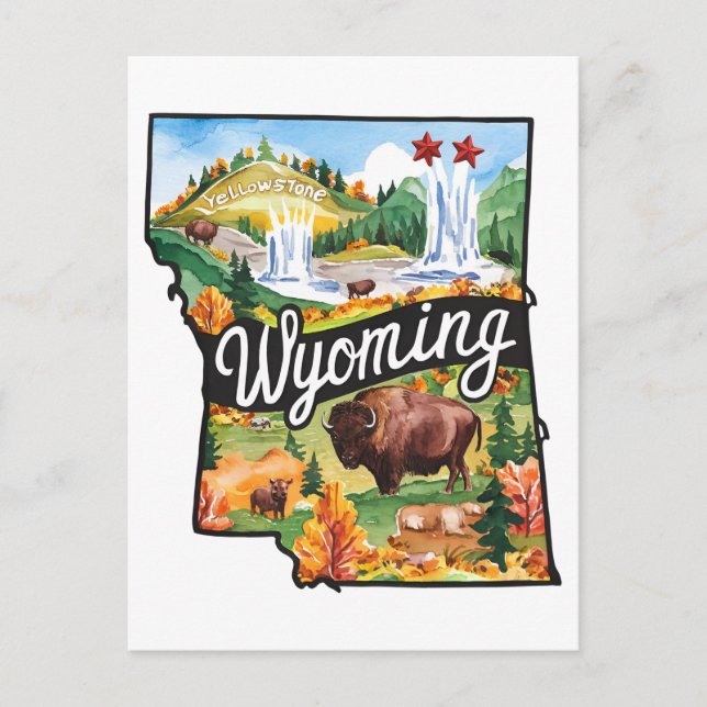 Wyoming USA State Shaped Vintage Watercolor Postcard (Front)