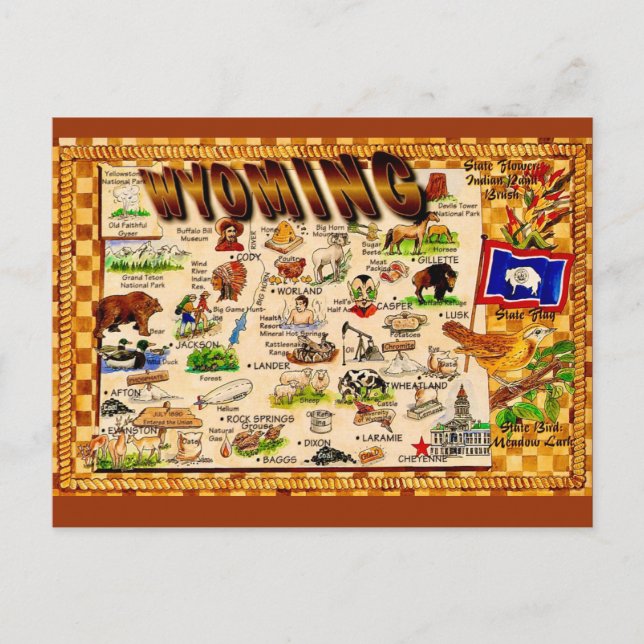 Wyoming Vintage Map Greetings Postcard (Front)