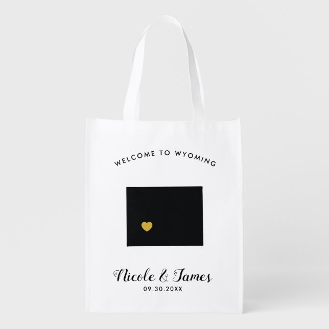Wyoming Wedding Welcome Bag, Black and Gold Grocery Bag (Front)