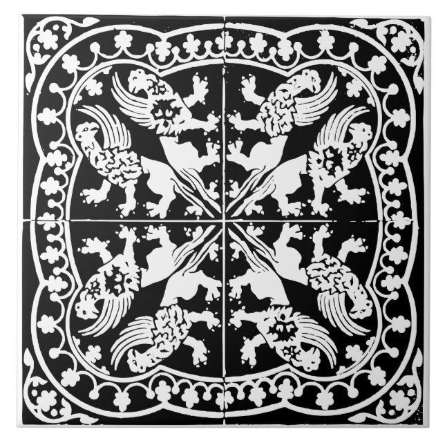 Wyvern Griffin Beast Medieval Black White Antique Ceramic Tile (Front)