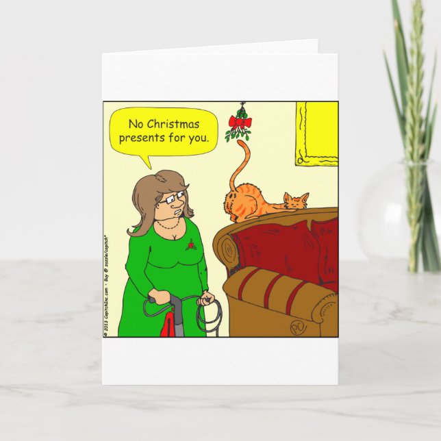 x55 Cat butt mistletoe Christmas cartoon Holiday Card (Front)