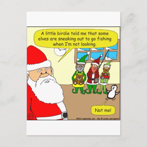 x81 Santas elf has gone fishing Cartoon Holiday Postcard