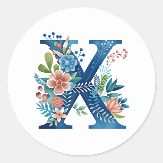 X, blue monogram with flowers, AI-generated, Classic Round Sticker (Front)