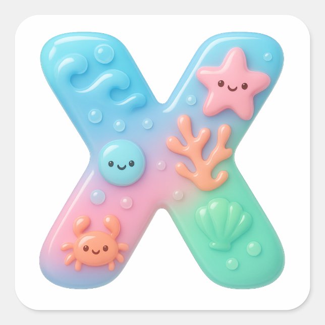"X" Cute Letter - Underwater Sea Creature  Square Sticker (Front)