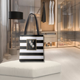 X Gold Floral Monogram Black White Gold Stripes Tote Bag