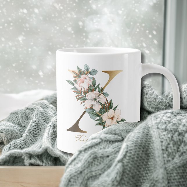 X Letter Gold Monogram White Blush Orange Floral Giant Coffee Mug (Creator Uploaded)