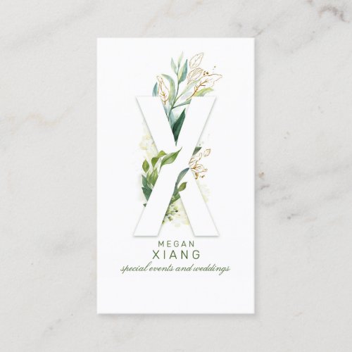 X Letter Monogram Gold Greenery Leaves Elegant Business Card