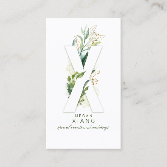 X Letter Monogram Gold Greenery Leaves Elegant Business Card (Front)