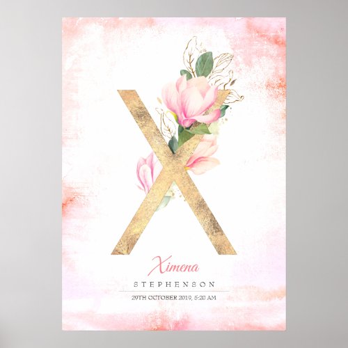 X Letter Monogram Gold Leaves Pink Magnolia Floral Poster