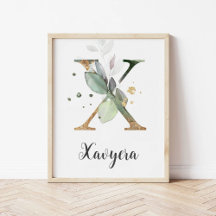 X Letter Monogram Greenery Nursery Name Wall Print