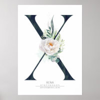 X Letter Monogram White Flowers and Greenery Poster