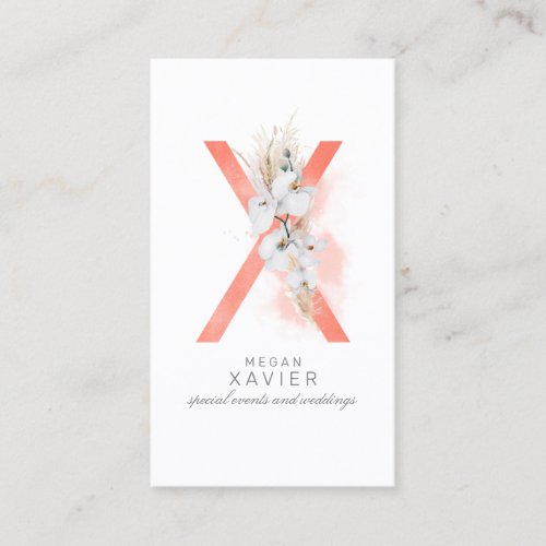 X Letter Monogram White Orchids and Pampas Grass Business Card