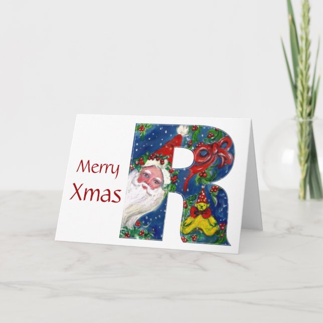 X LETTER / SANTA CLAUS WITH RED RIBBON MONOGRAM HOLIDAY CARD (Front)