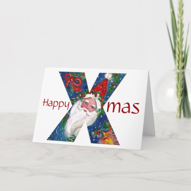 X LETTER / SANTA CLAUS WITH RED RIBBON MONOGRAM HOLIDAY CARD (Front)