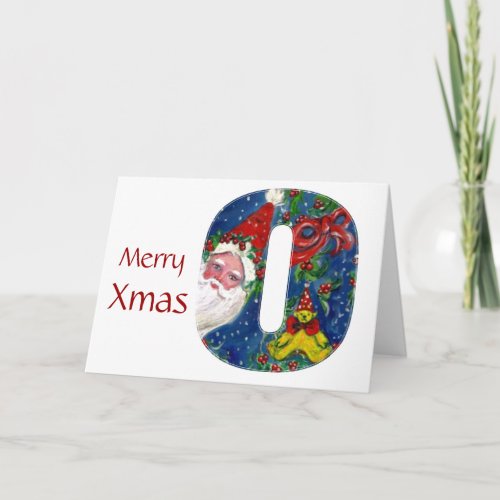 X LETTER  SANTA CLAUS WITH RED RIBBON MONOGRAM HOLIDAY CARD