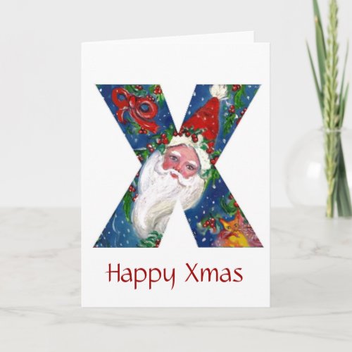 X LETTER  SANTA CLAUS WITH RED RIBBON MONOGRAM HOLIDAY CARD
