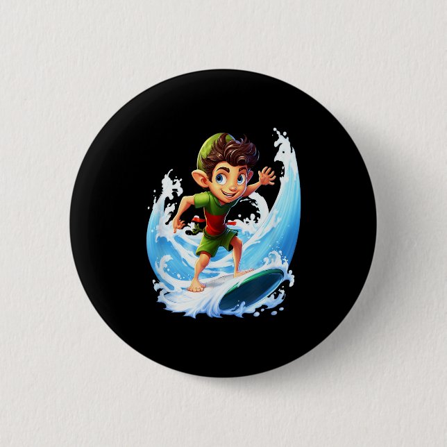 X-mas Christmas Elf Riding Surfboard Surfboard  Button (Front)