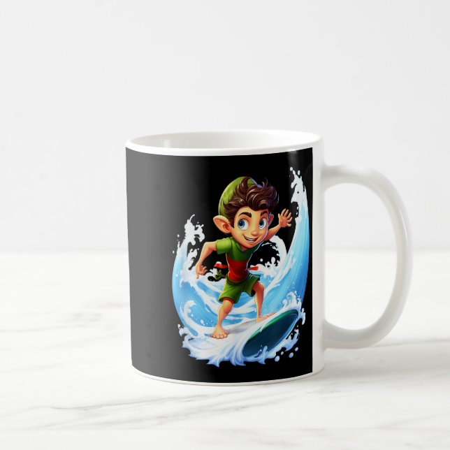 X-mas Christmas Elf Riding Surfboard Surfboard  Coffee Mug (Right)