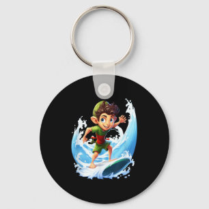 X-mas Christmas Elf Riding Surfboard Surfboard Keychain